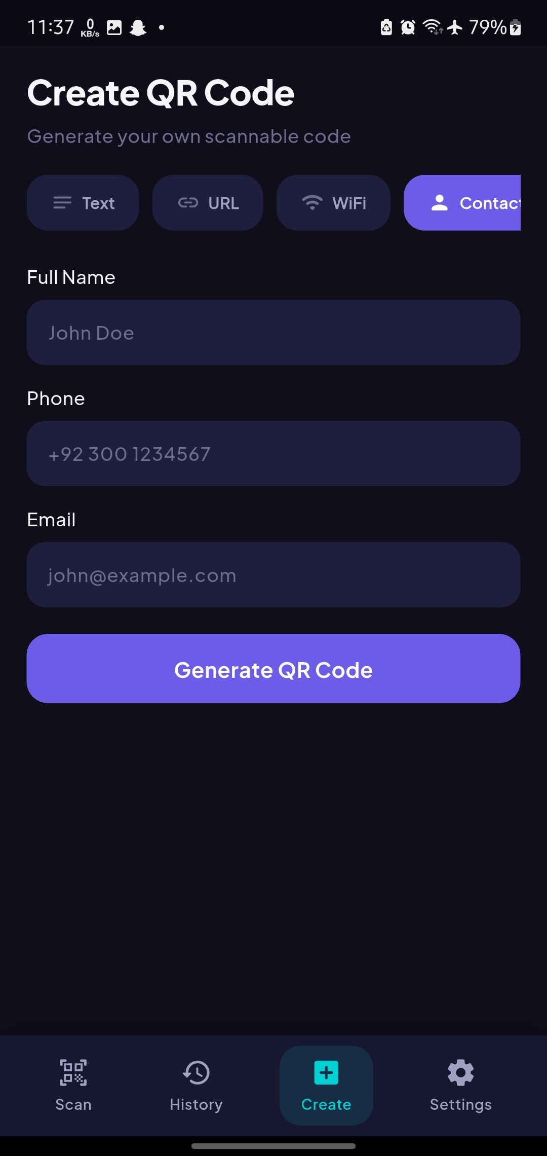 ScanWave QR code creation screen