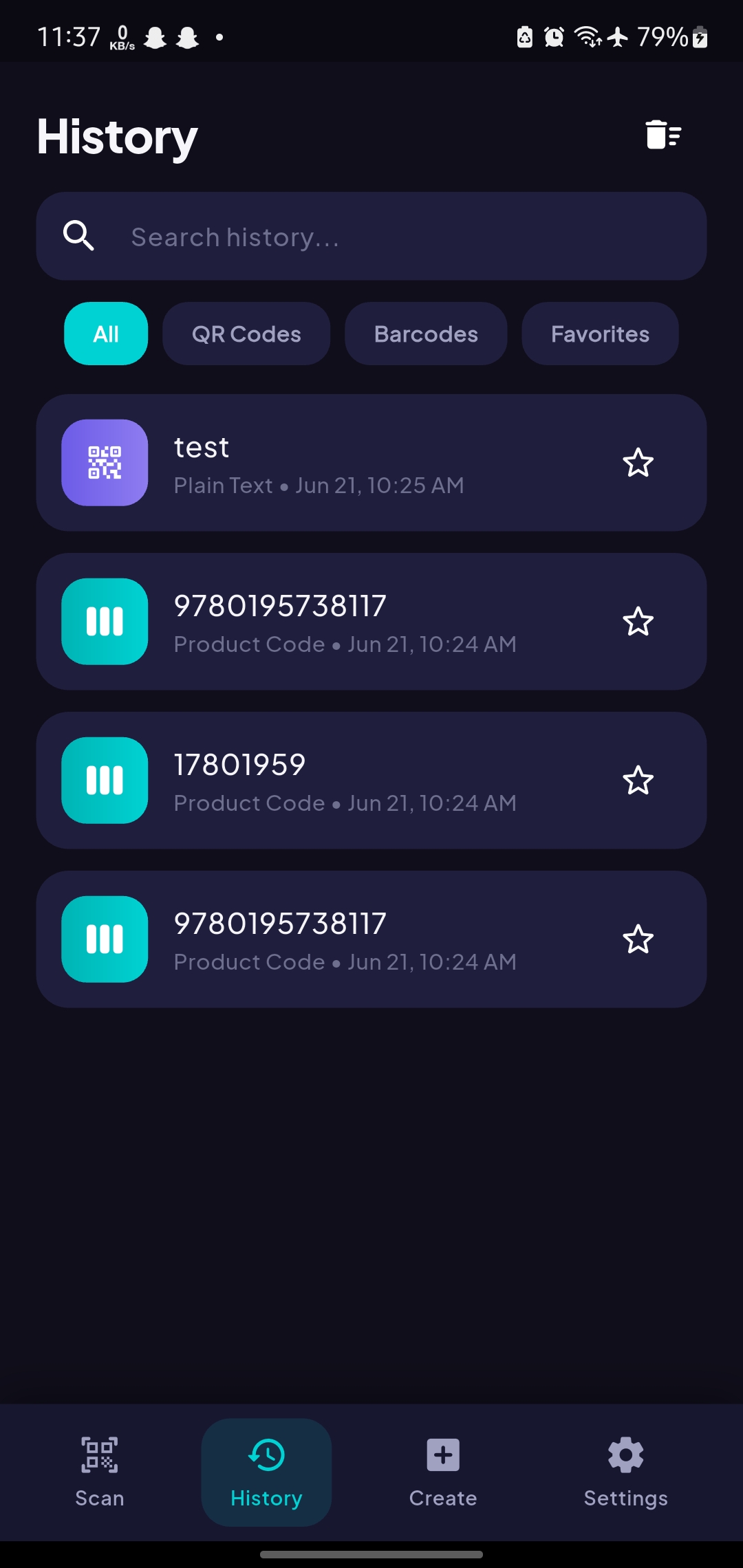 ScanWave scan history screen