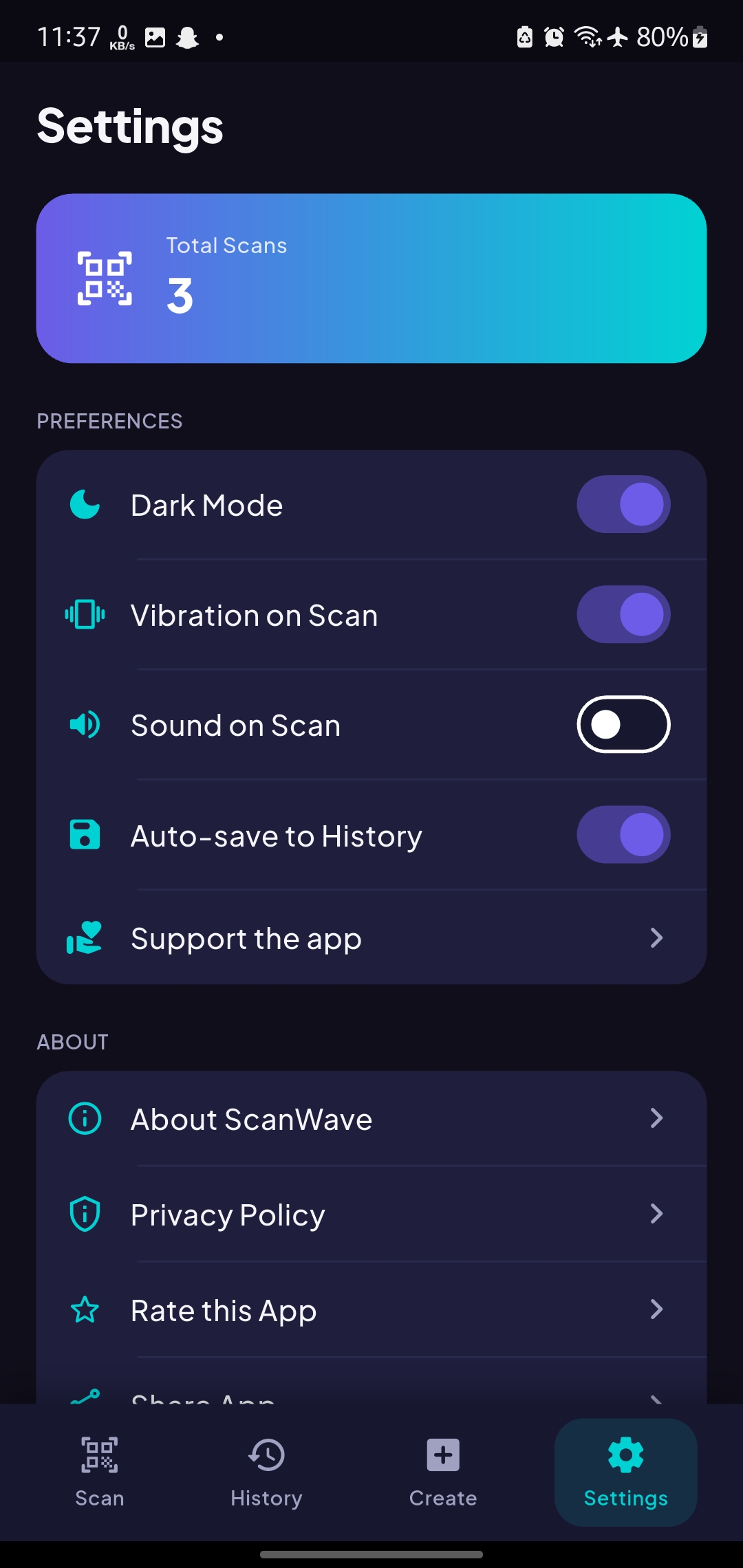 ScanWave settings screen